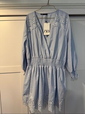 Zara Pale Blue Eyelet Trim V-Neck Smocked Waist Mini Dress